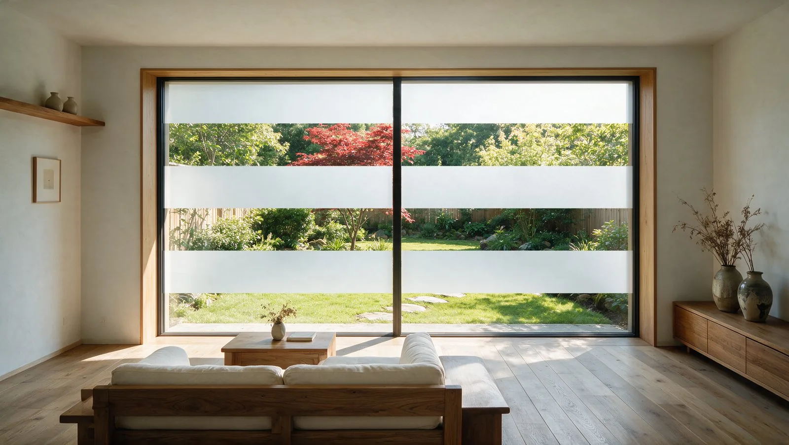 Living-room window: alternate zones frosted into stripes to soften sightlines
