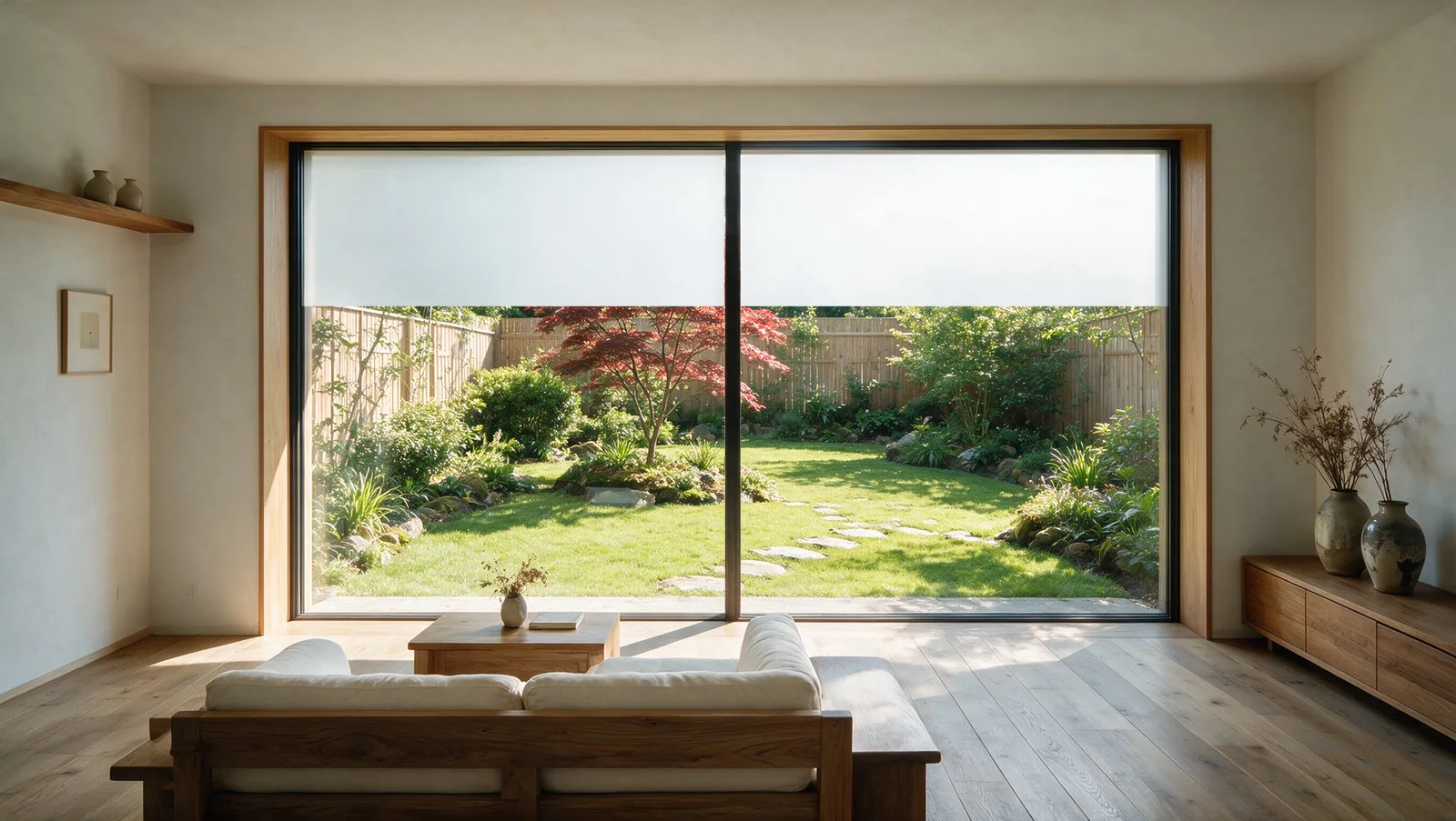 Living-room window: the top two zones frosted to block the afternoon sun