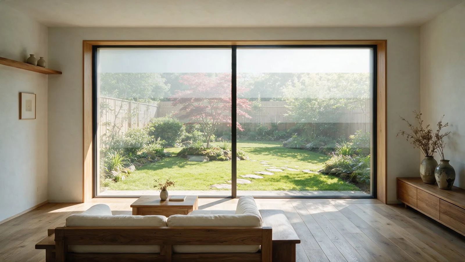 Living-room window: transparency stepped down from top to bottom, keeping the view of the garden