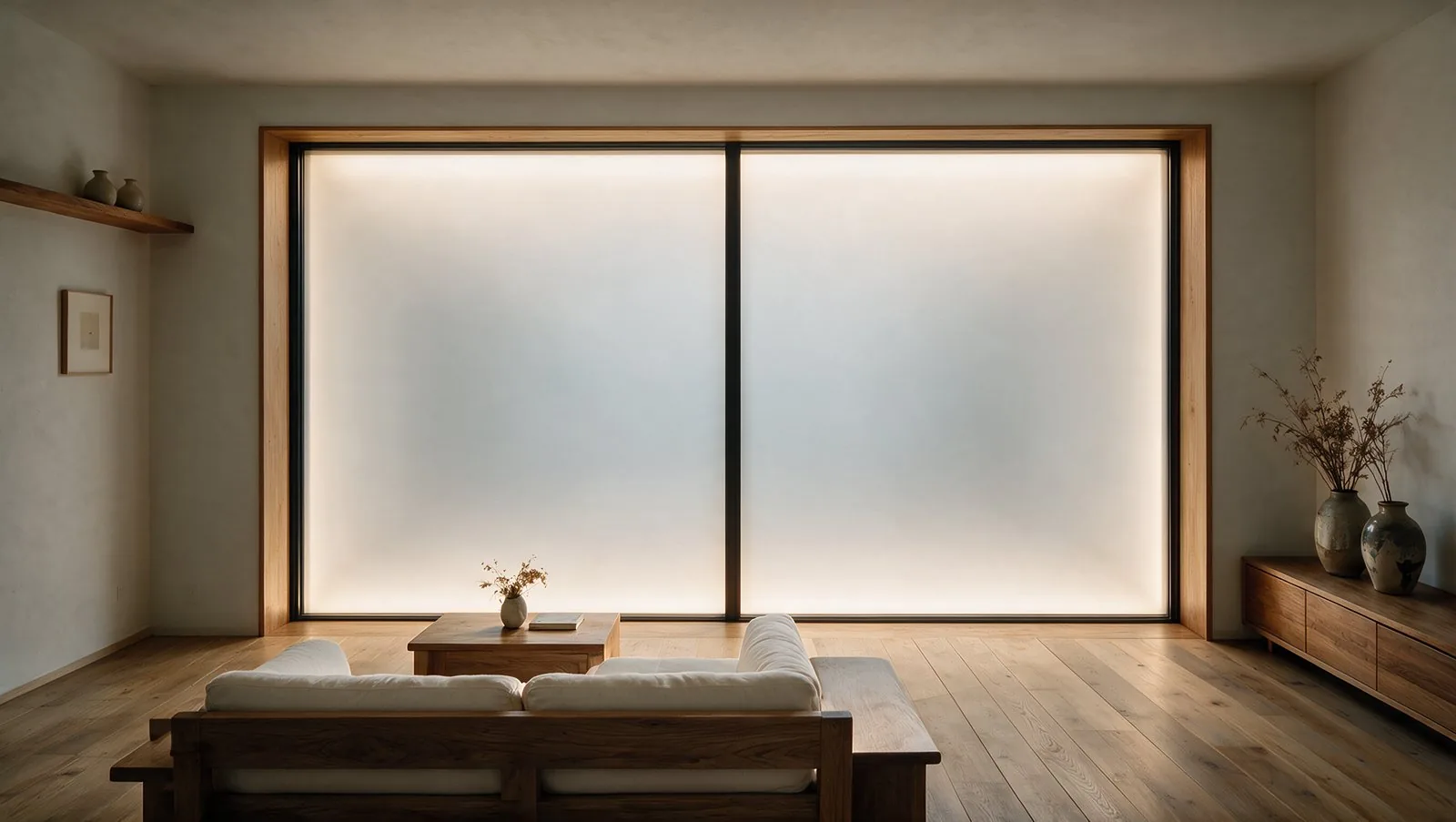 Living-room window at night: power off, the whole pane opaque