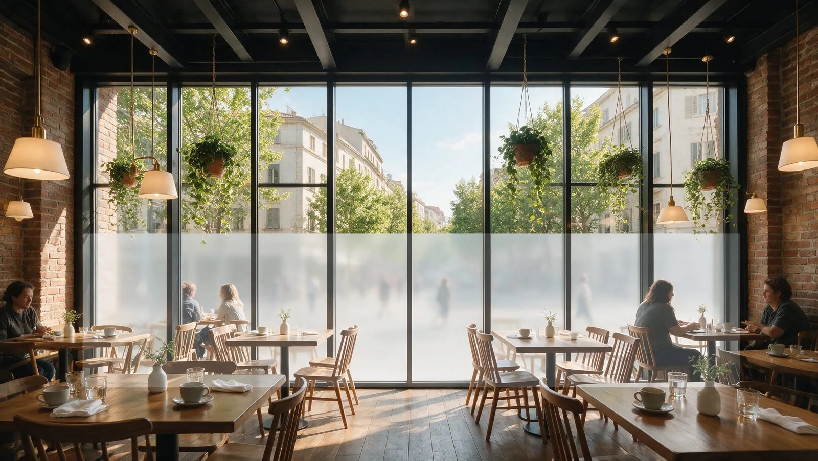 Shop window seen from inside: the lower half frosted to block sightlines