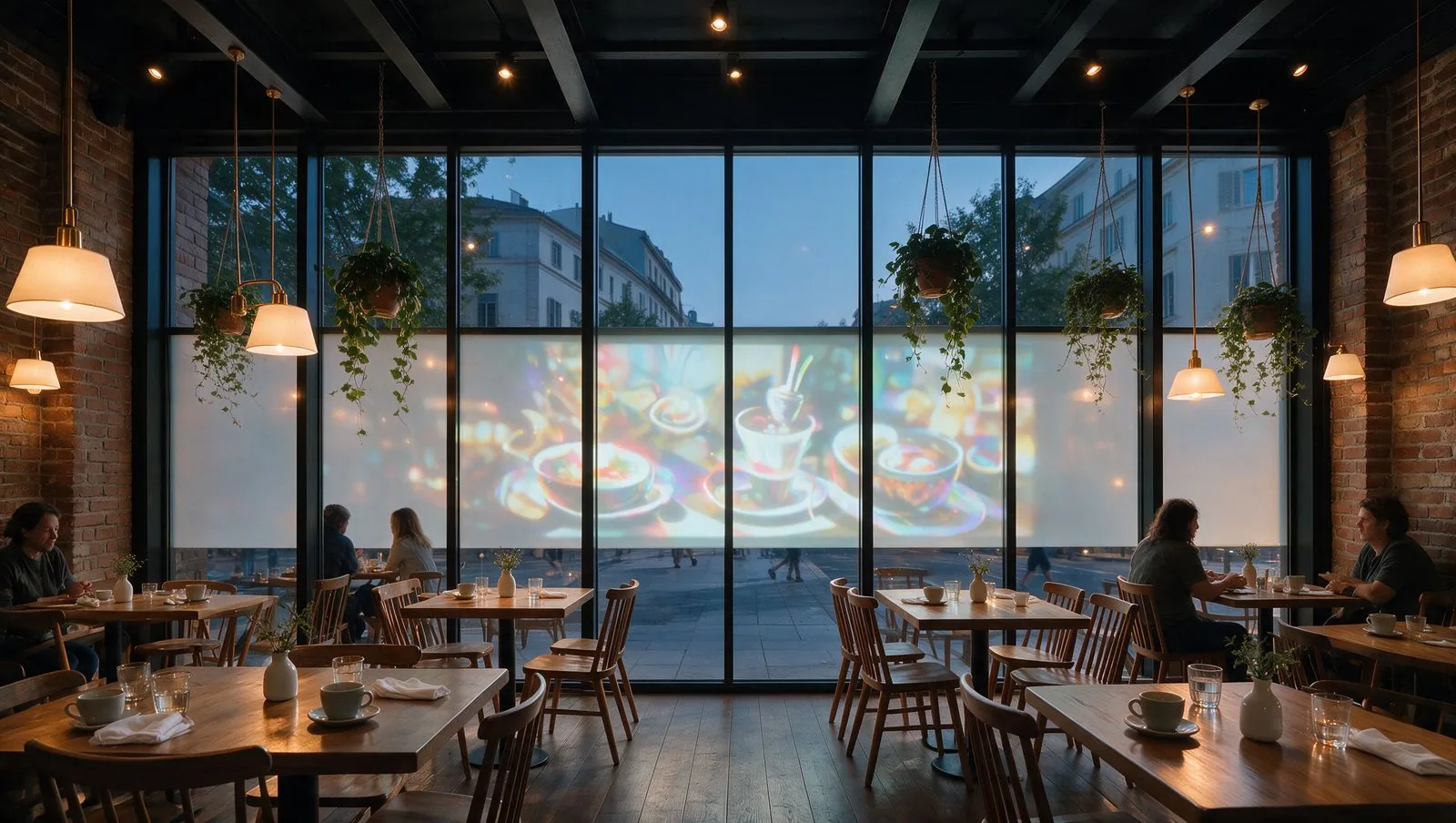 Ambience: a projector image on a white opaque band of the glass